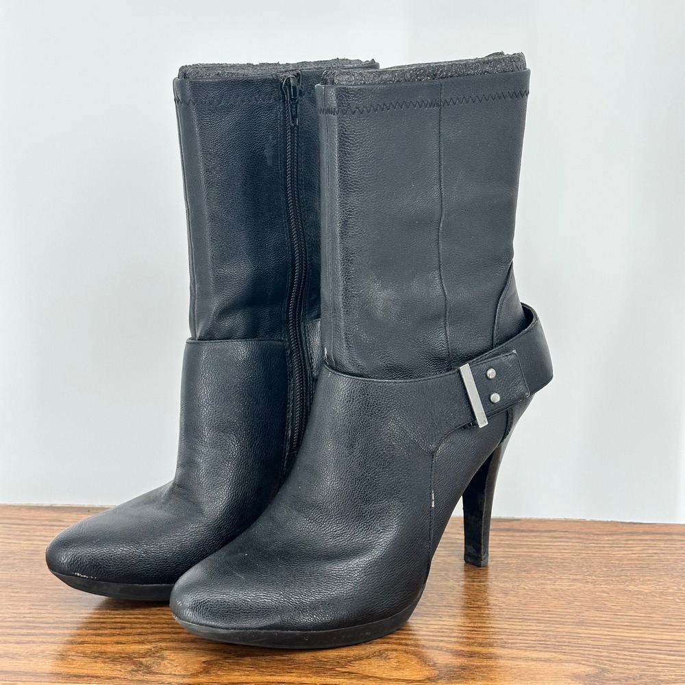 Nine West Womens Black Mid Calf Stiletto Boots Harness‎ Strap Studded 9M Grunge